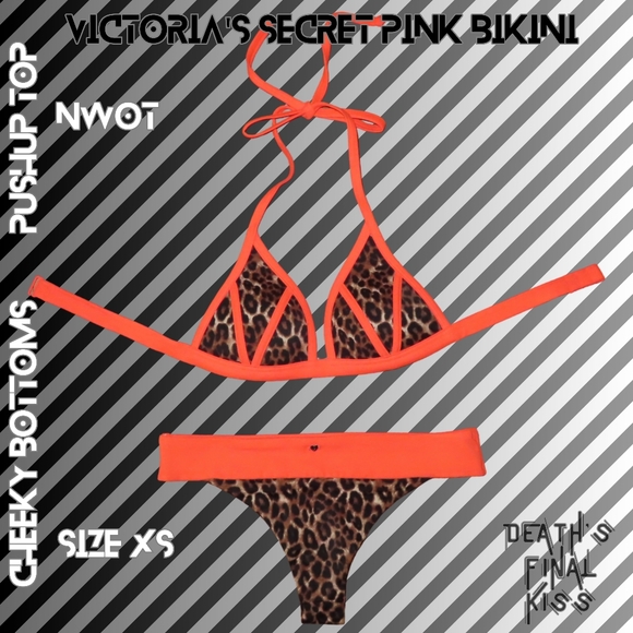 Victoria's Secret Other - RARE Victoria's Secret PINK Hunter Orange Leopard Cheeky Tiny Pushup Bikini XS